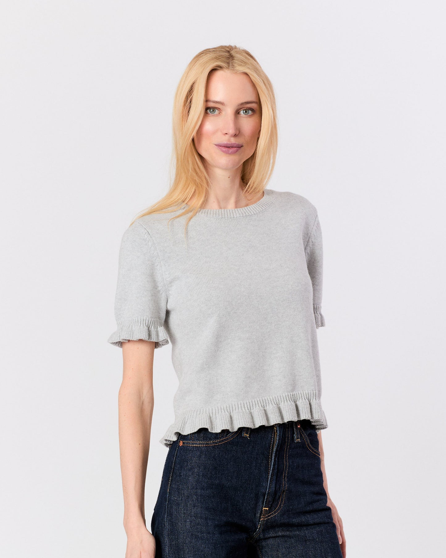Short Sleeve Ruffle Edge Sweater - Silver