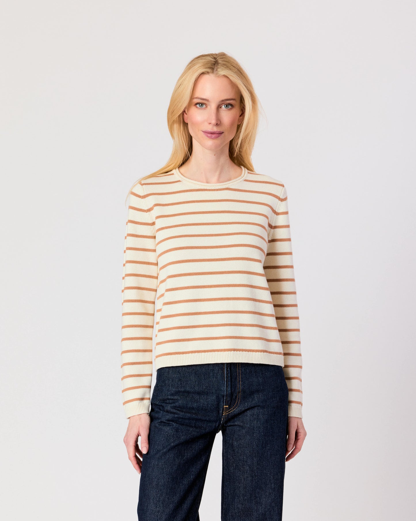 Striped Crew Sweater - Cream Camel
