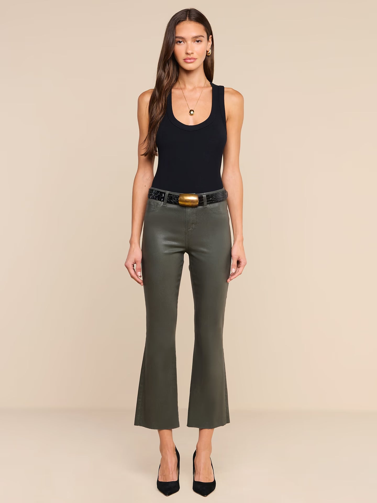 Kendra Coated Cropped Flare Jean - Ash Olive