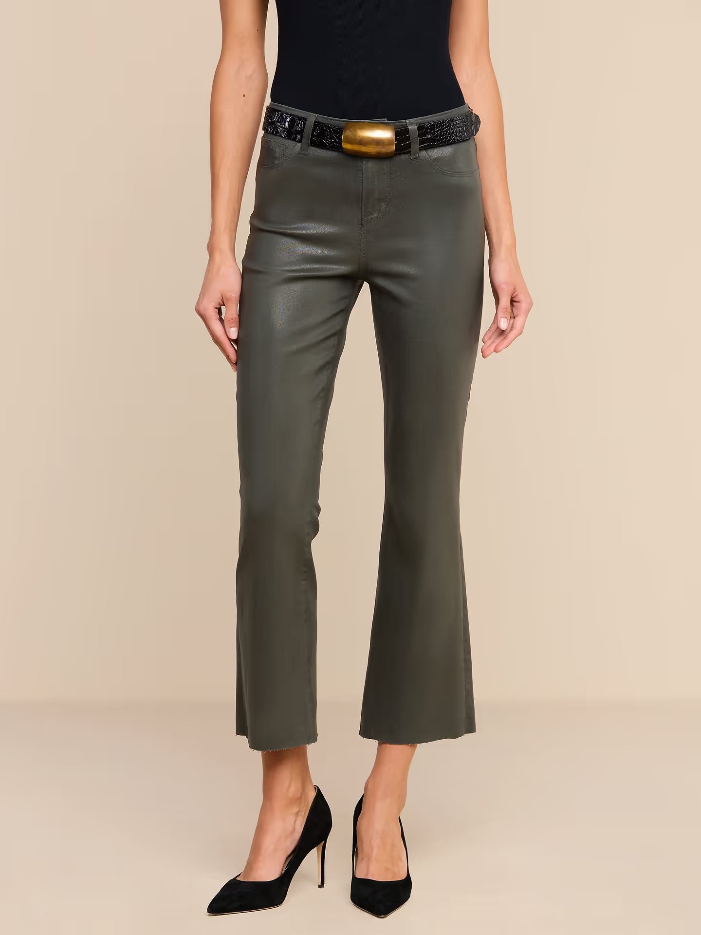Kendra Coated Cropped Flare Jean - Ash Olive
