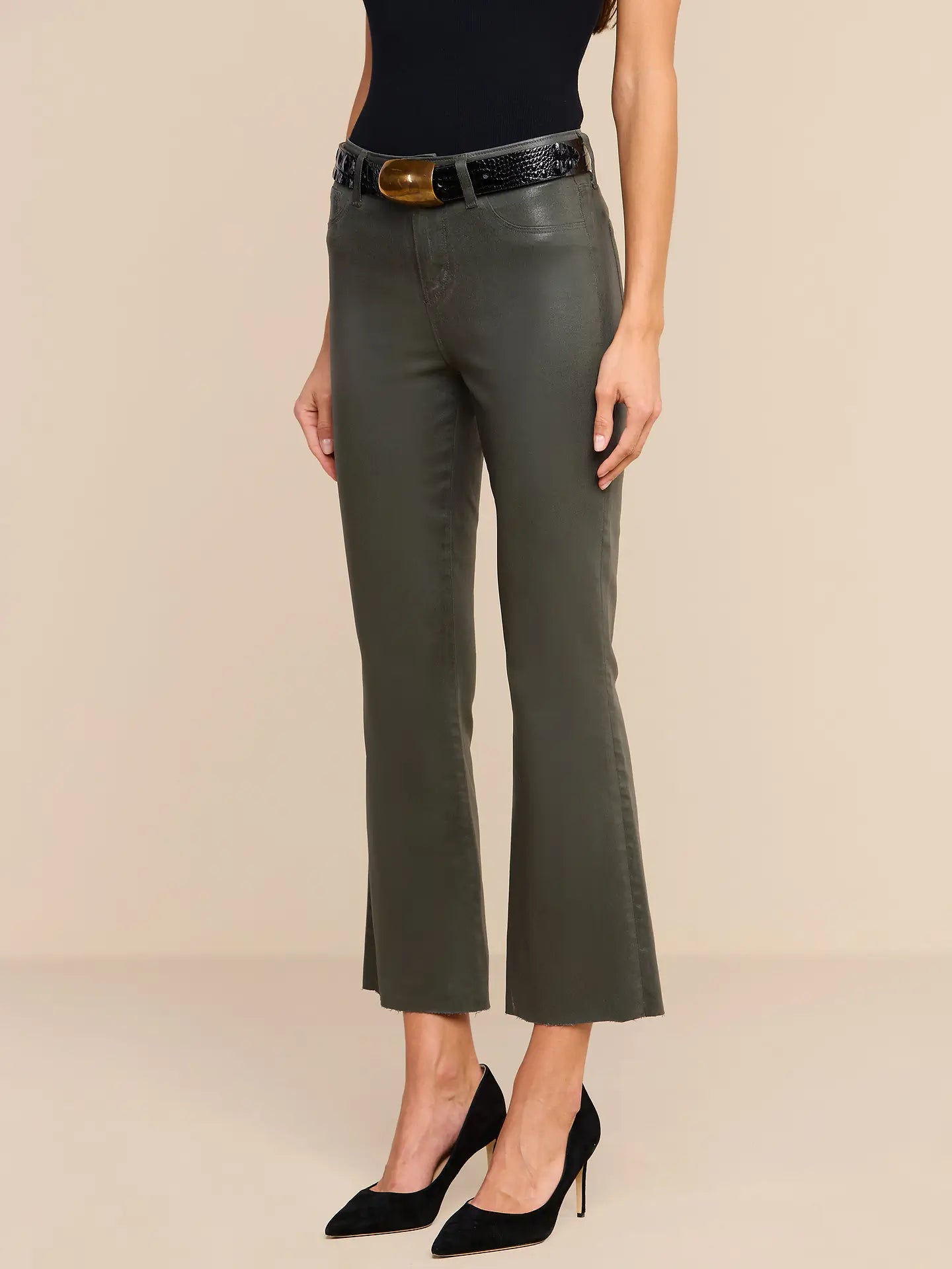 Kendra Coated Cropped Flare Jean - Ash Olive
