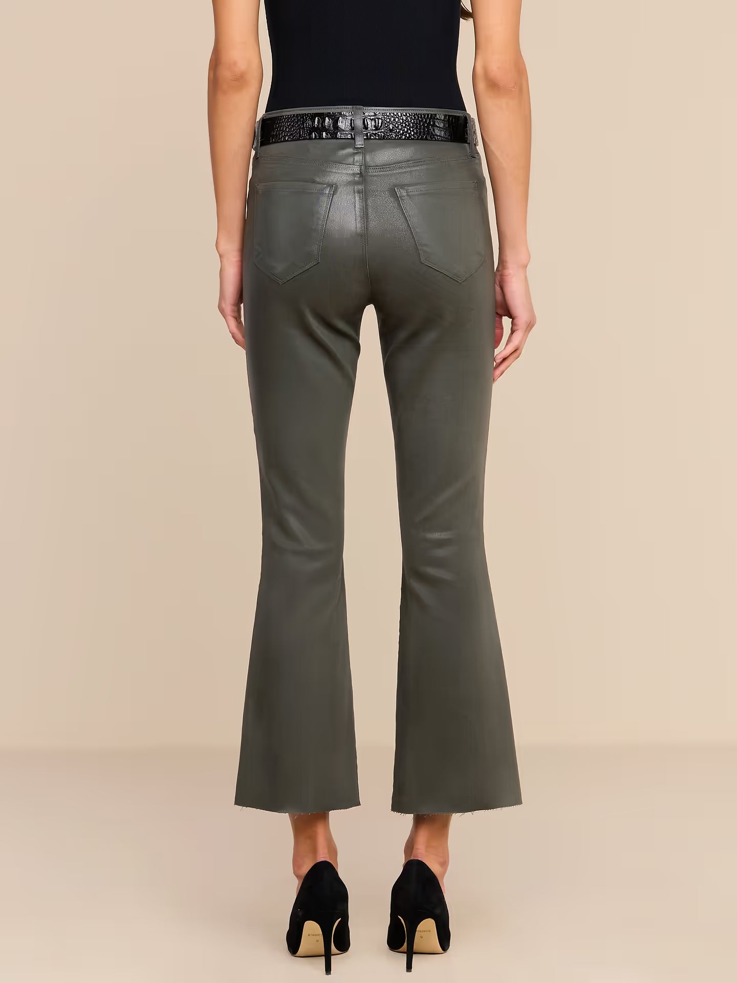 Kendra Coated Cropped Flare Jean - Ash Olive