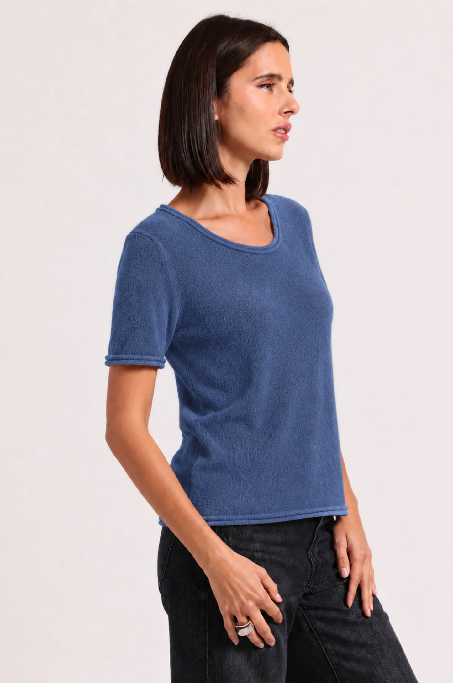 Cashmere Short Sleeve Tee with Rolled Trims - Blue Flight