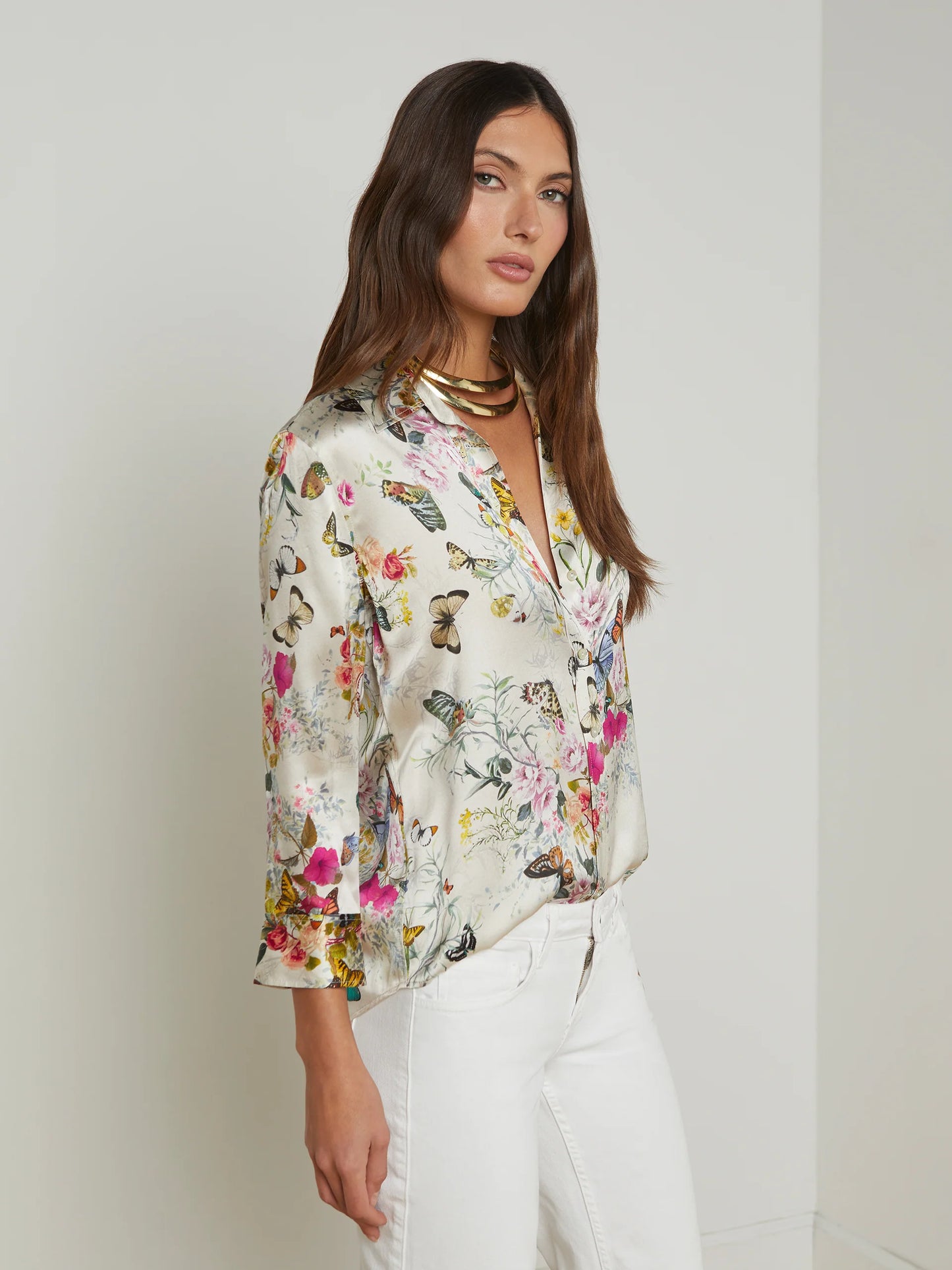 Dani Silk Blouse - Vintage White Multi Charonda Butterfly