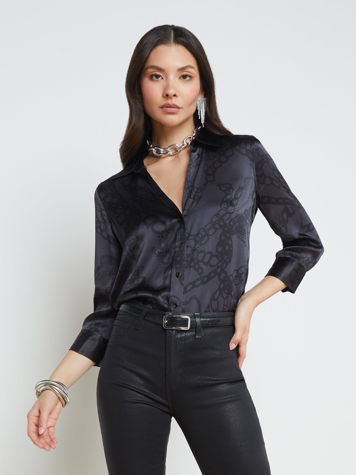 Dani 3/4 Sleeve Shirt - Black Allover Chain