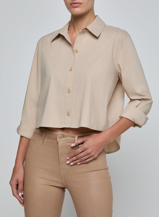 Cosette Crop High Low Shirt - Macadamia Stripe