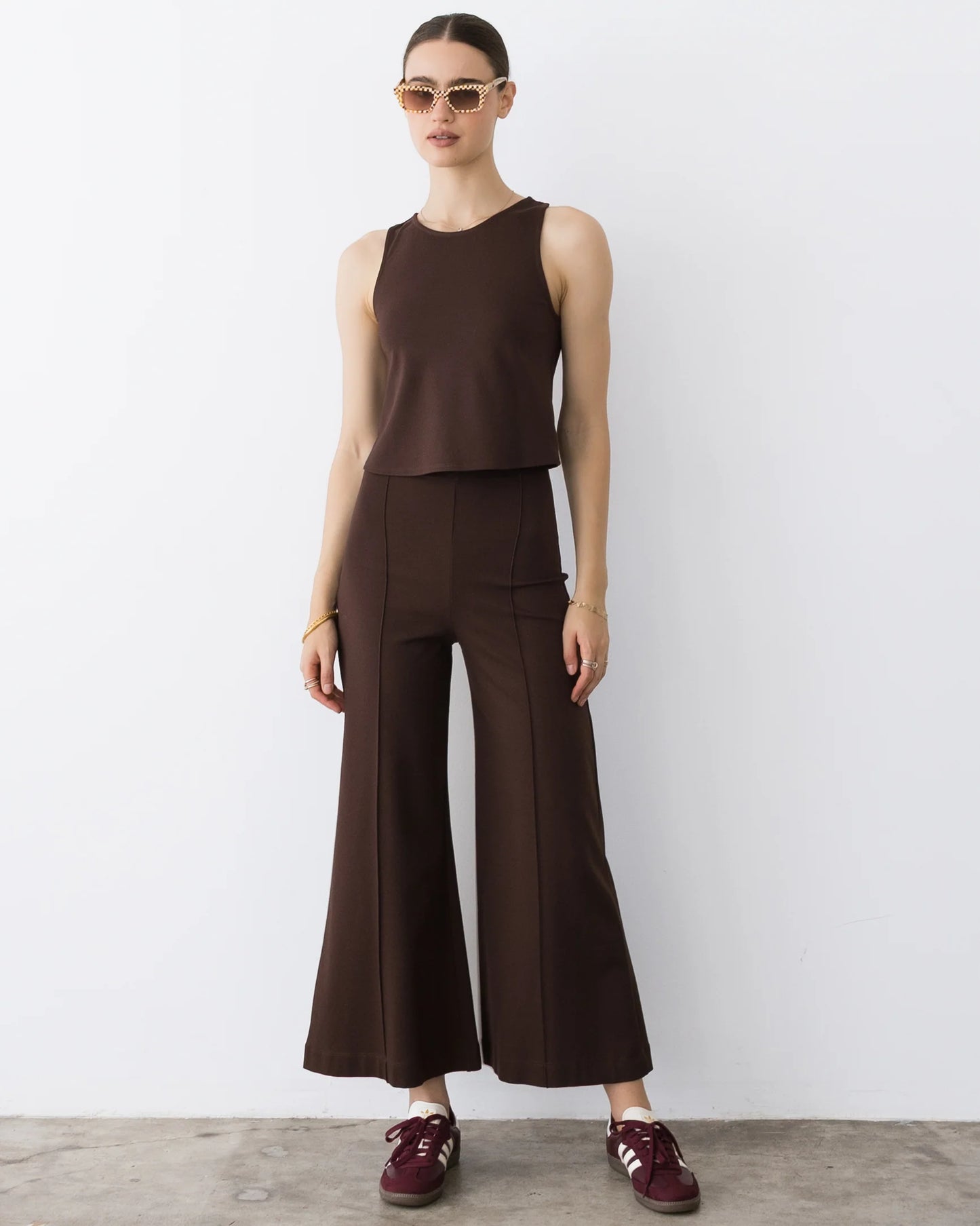 Ponte Knit Cropped Wide Leg Pant - Chocolate