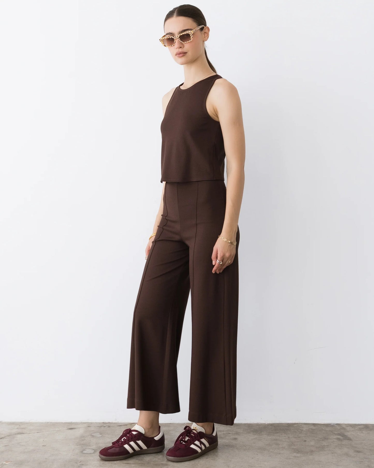 Ponte Knit Cropped Wide Leg Pant - Chocolate