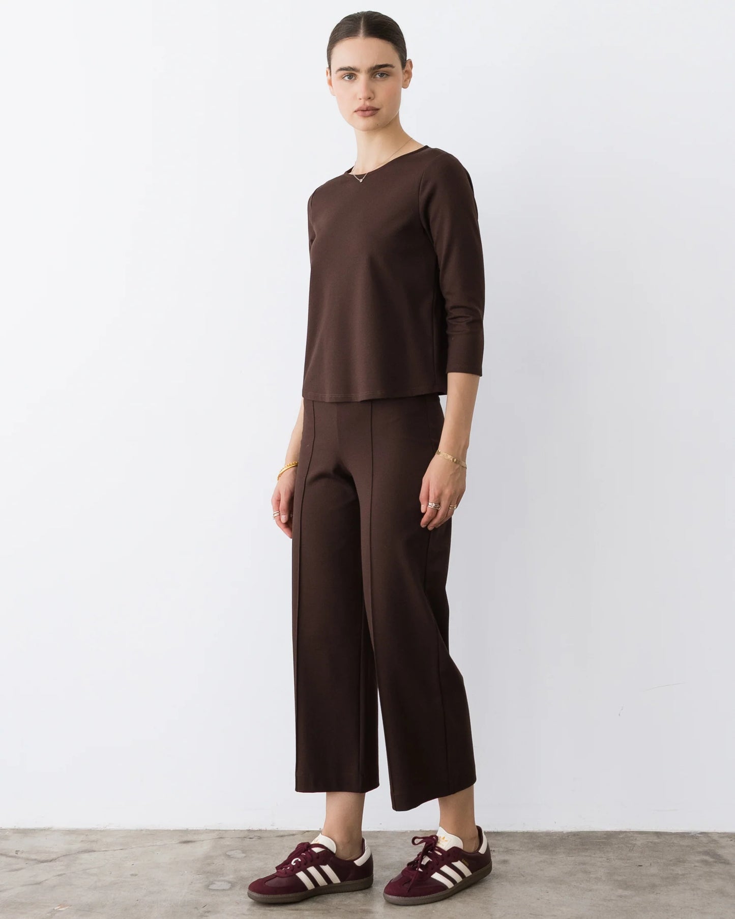 Ponte Knit Extended 3/4 Sleeve Top - Chocolate