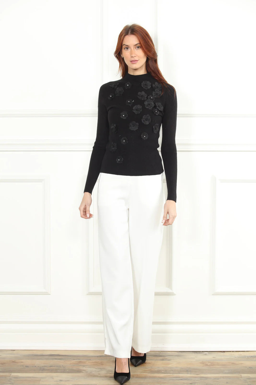 3D Flower Mock Neck Sweater - Black