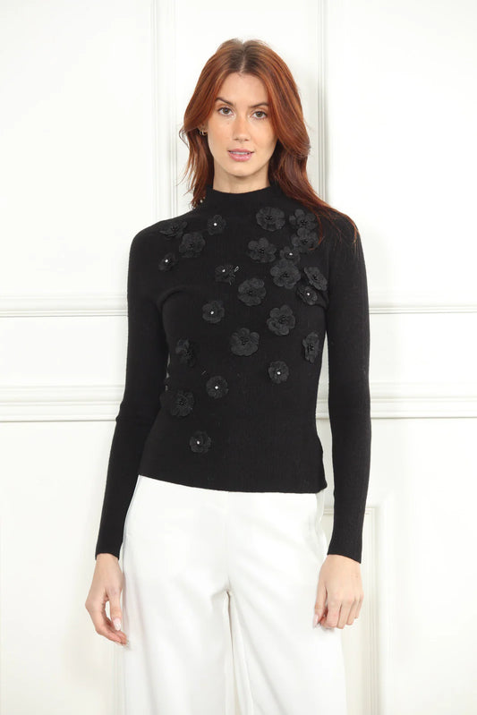 3D Flower Mock Neck Sweater - Black