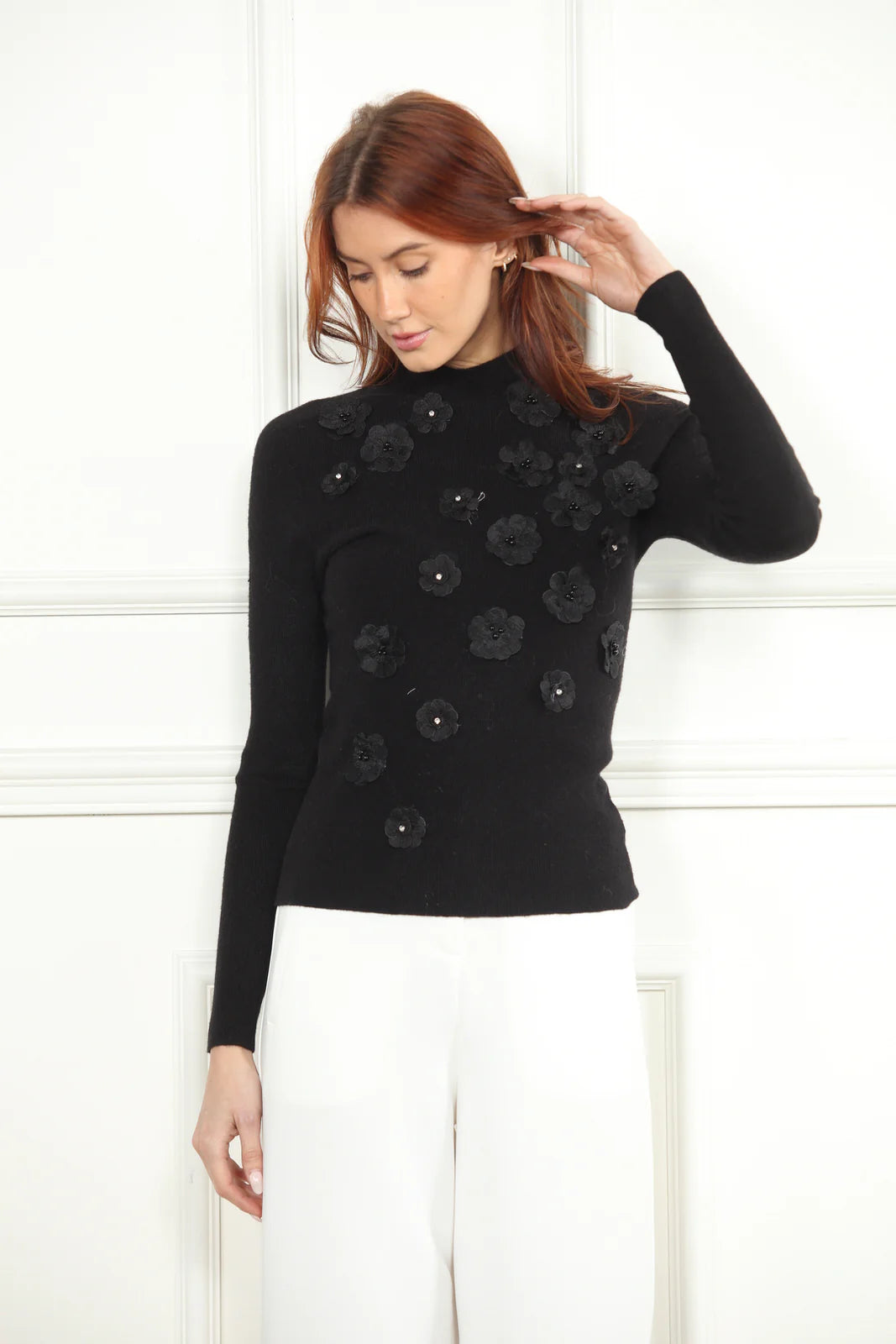 3D Flower Mock Neck Sweater - Black