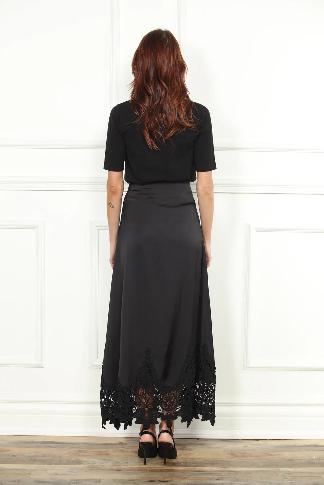 Satin Lace Bottom Skirt - Black