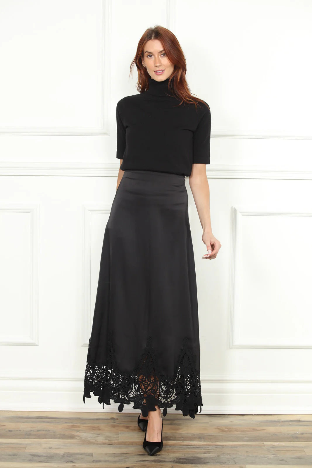 Satin Lace Bottom Skirt - Black