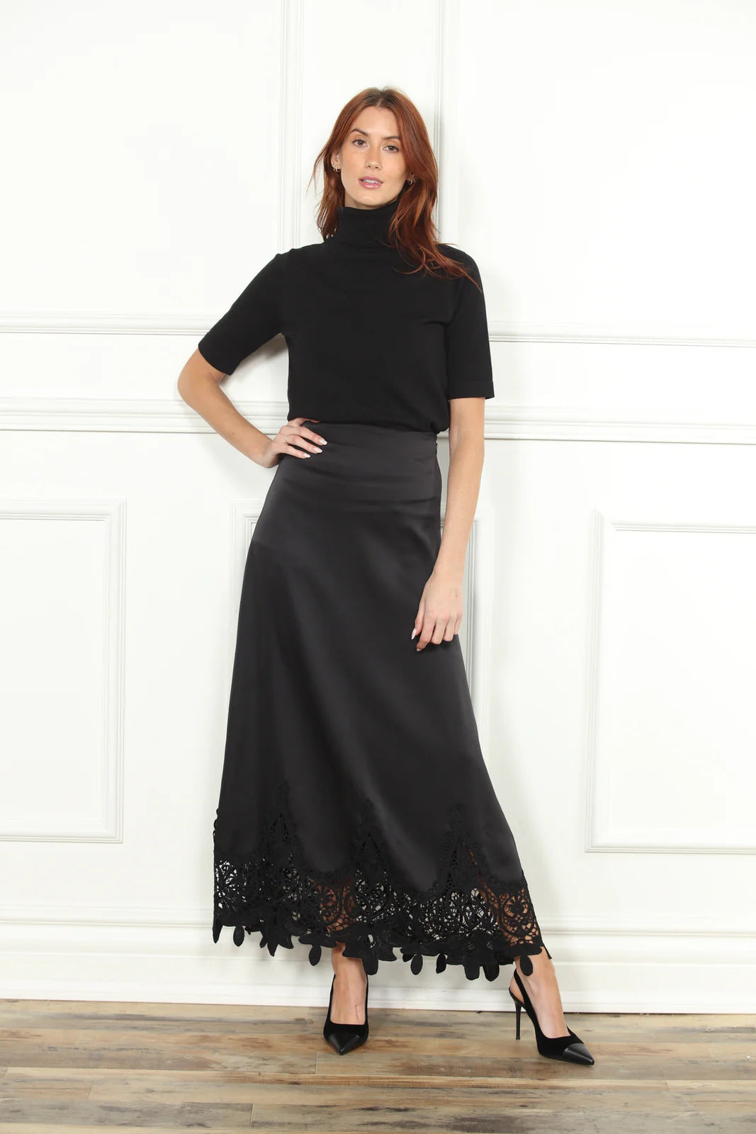 Satin Lace Bottom Skirt - Black