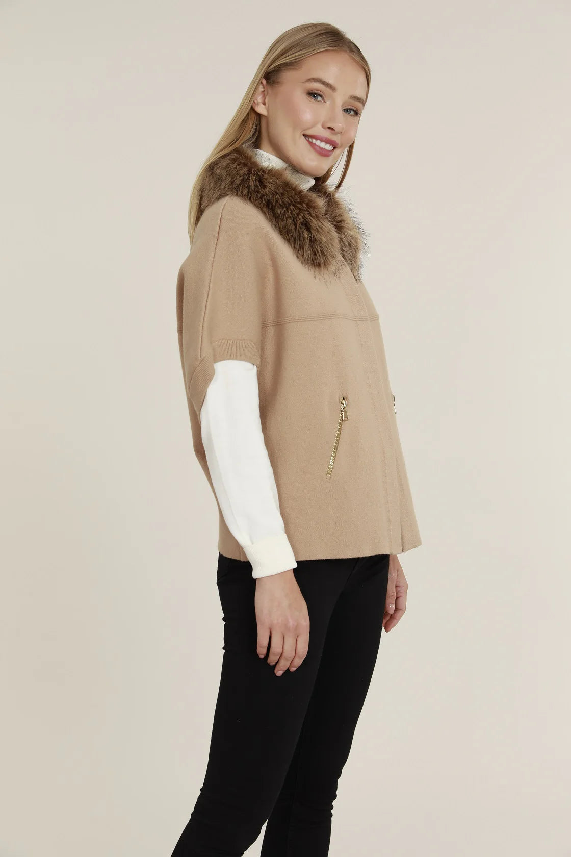Faux Fur Collar Short Sleeve Cardigan - Camel