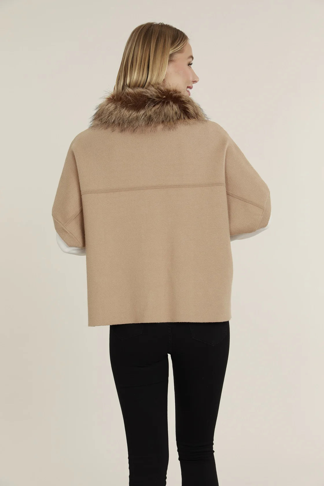 Faux Fur Collar Short Sleeve Cardigan - Camel
