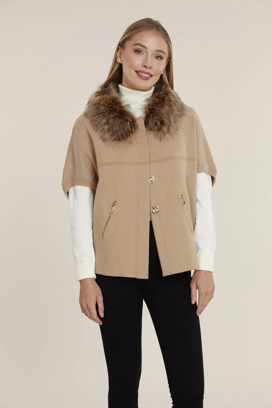 Faux Fur Collar Short Sleeve Cardigan - Camel