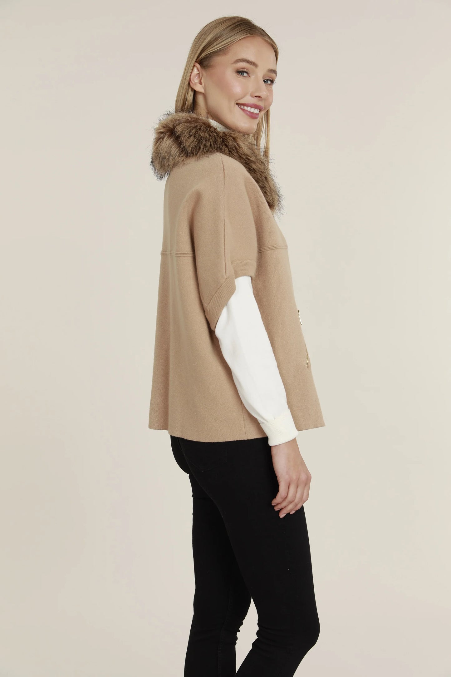 Faux Fur Collar Short Sleeve Cardigan - Camel