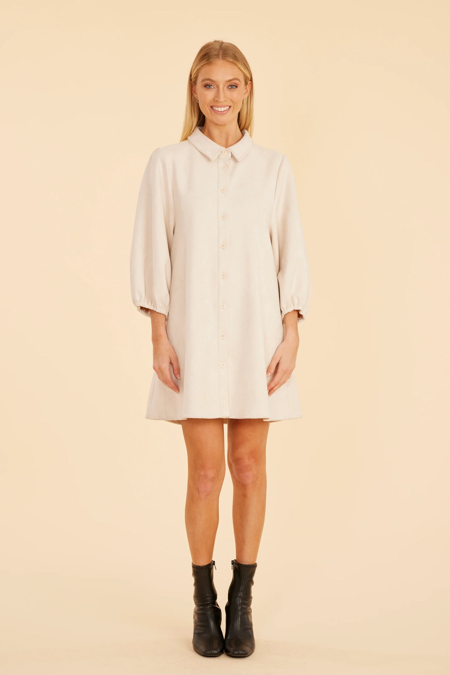 Faux Suede Puff Sleeve Shirt Dress - Creme