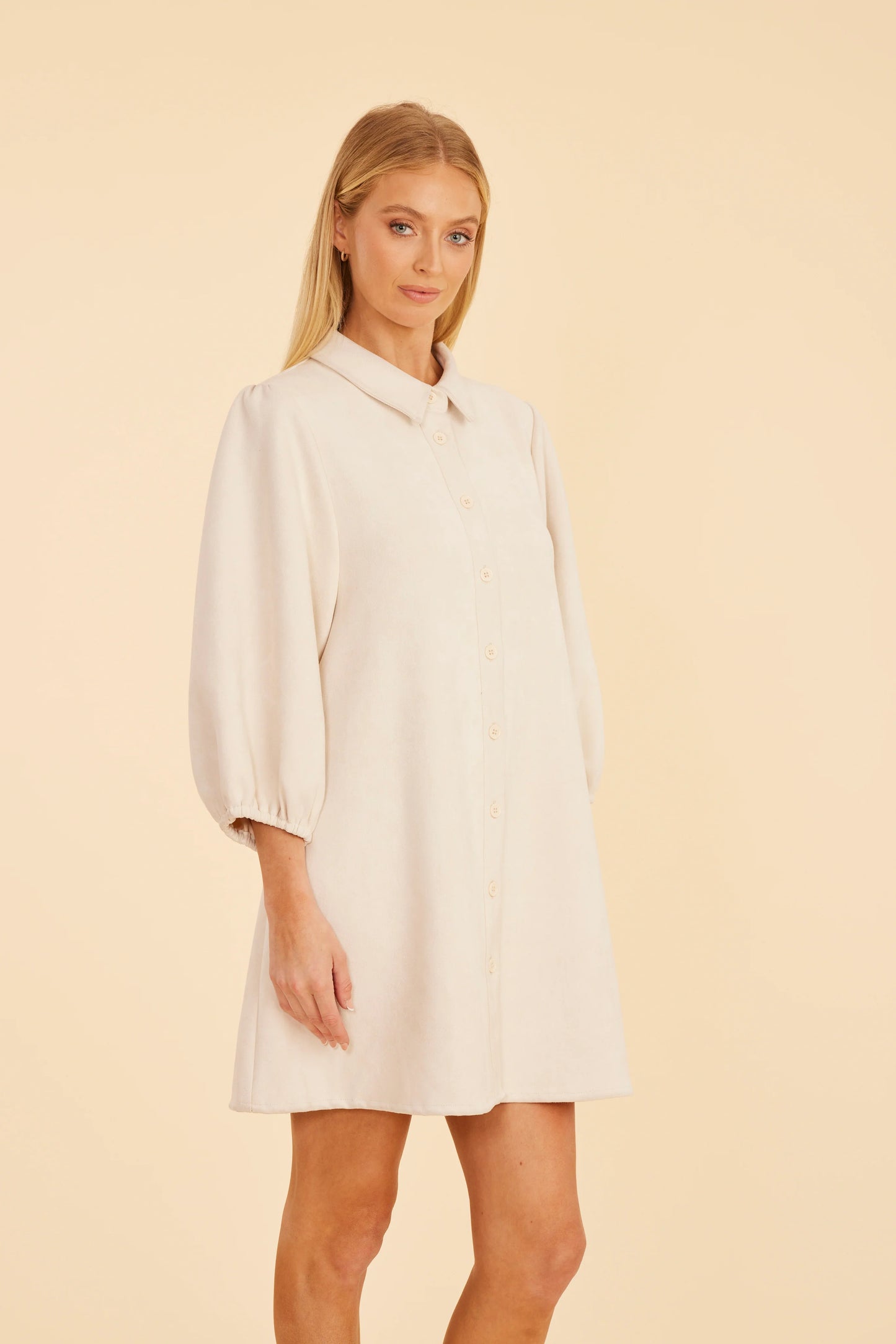 Faux Suede Puff Sleeve Shirt Dress - Creme