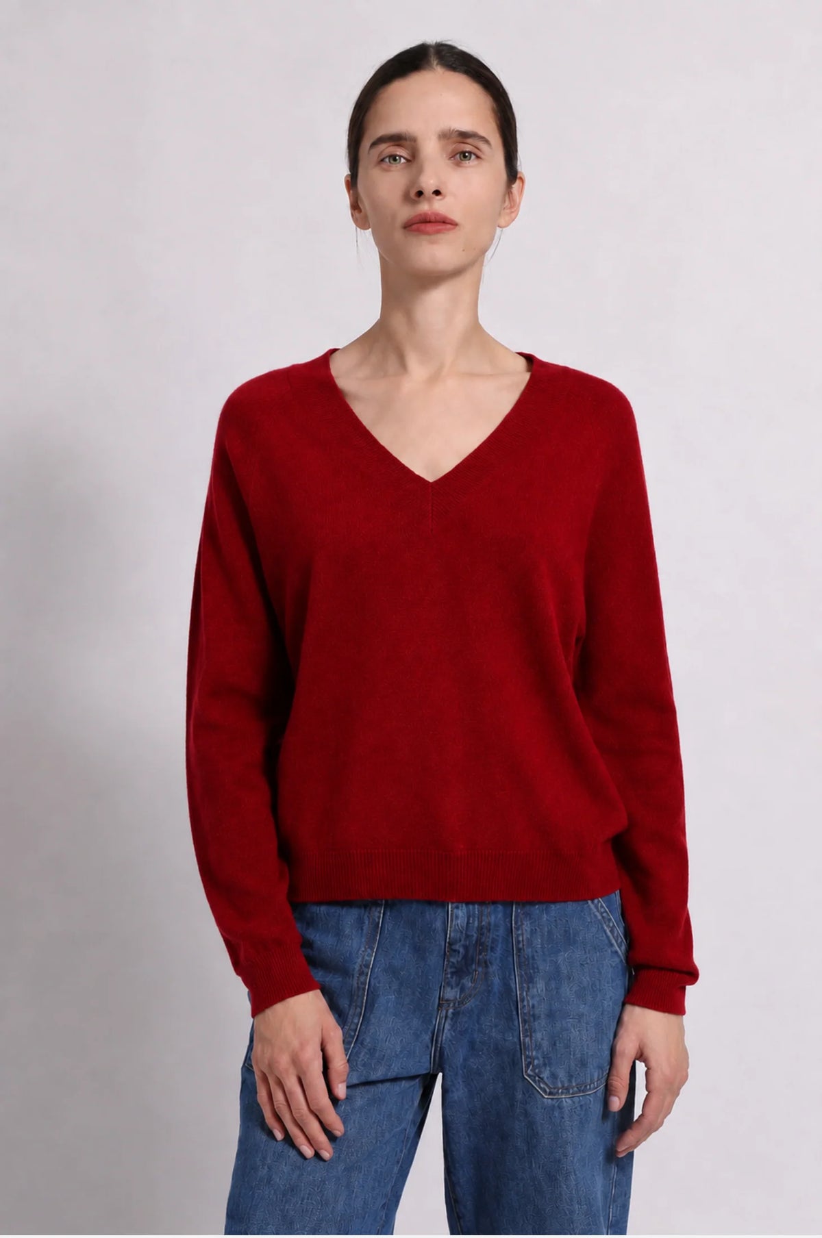 Cashmere Long Sleeve Shrunken V Neck - Dark Cherry