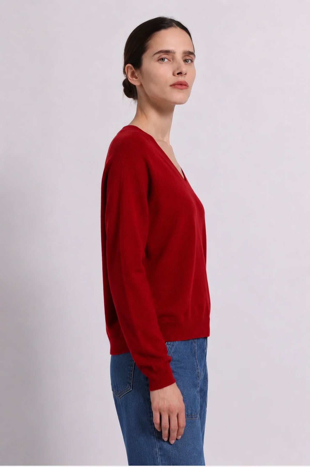 Cashmere Long Sleeve Shrunken V Neck - Dark Cherry