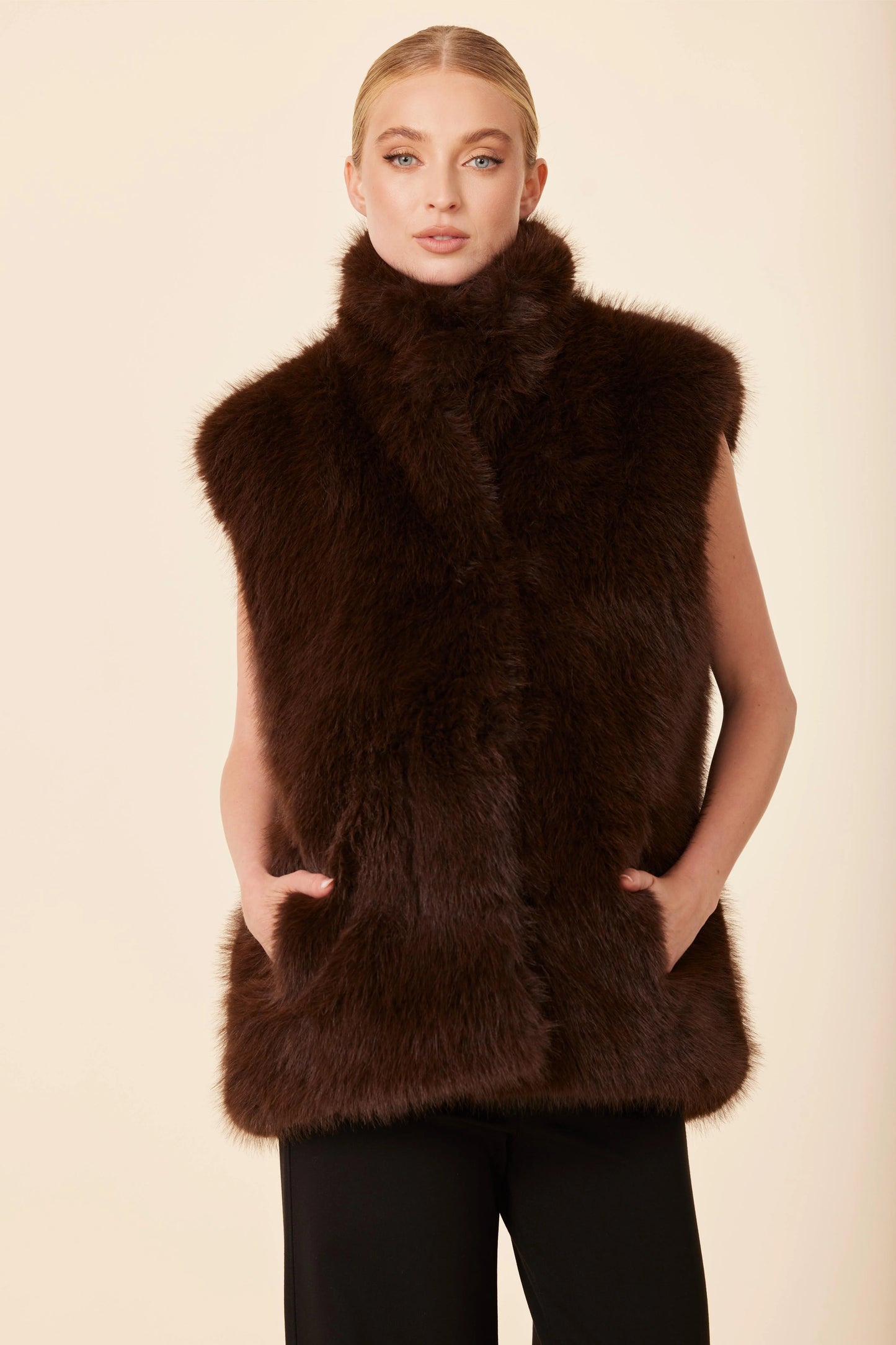 Faux Fur Stand Up Collar Vest - Brown