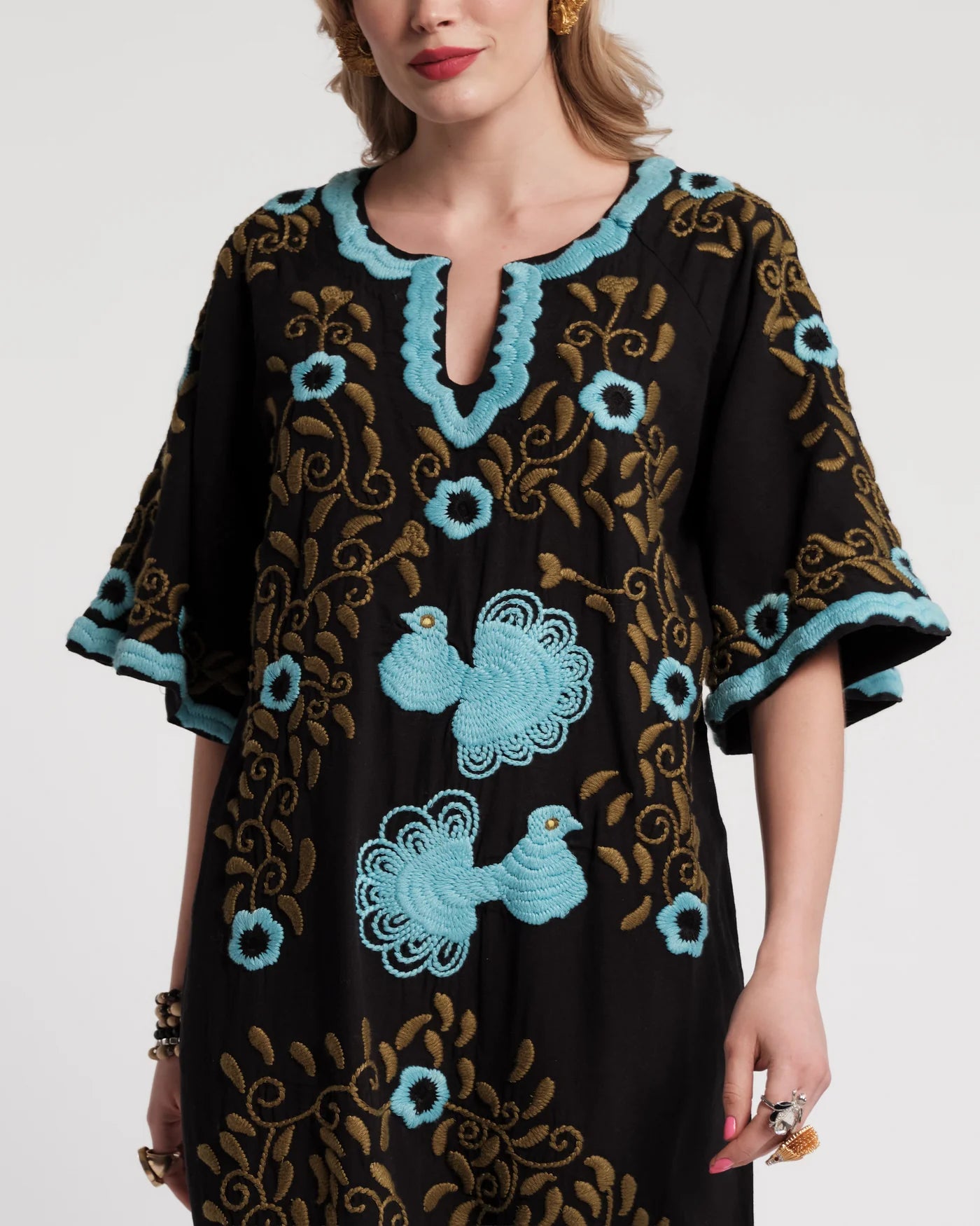 Embroidered Charming Caftan - Light Blue Black