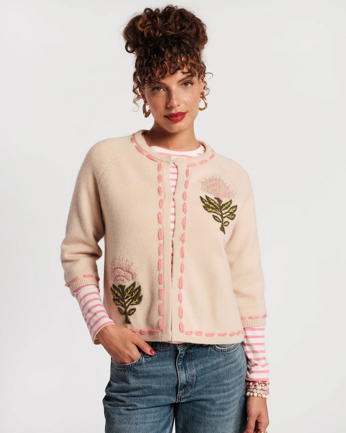 Border Flower Cardigan - Oyster