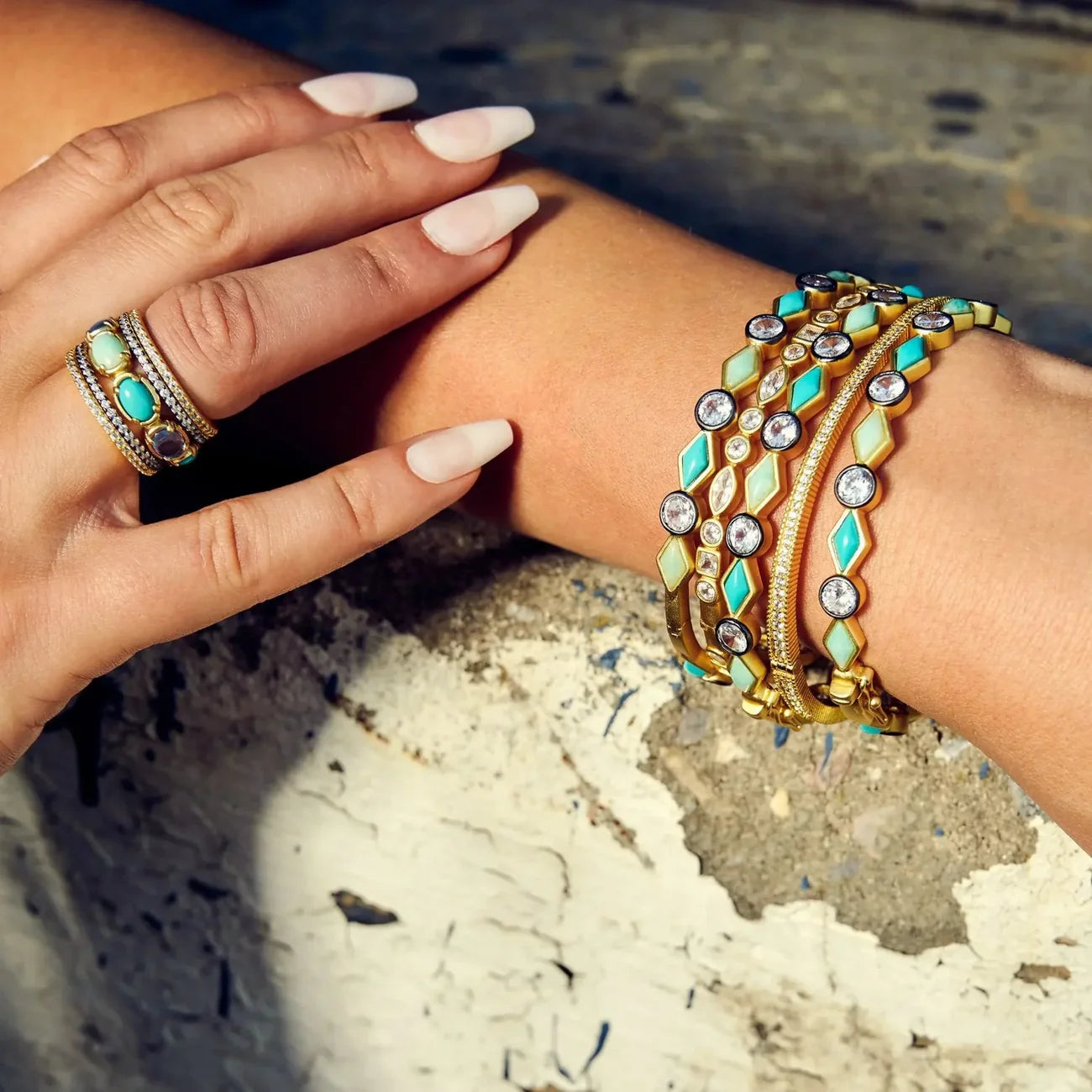 Shades of Turquoise Hinge Bangle - Gold