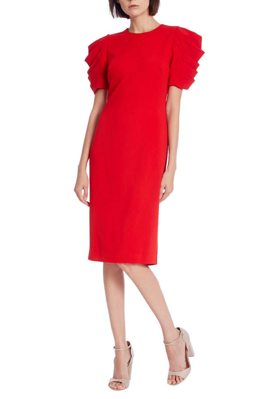 Pleated Drape Sleeve Sheath Dress - Red