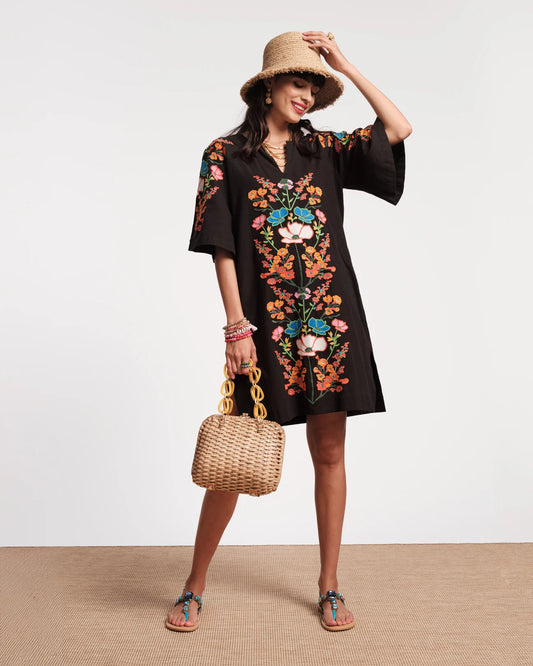 Charming Caftan Mini Botanical Bash Cotton - BOTANICAL BASH BLACK