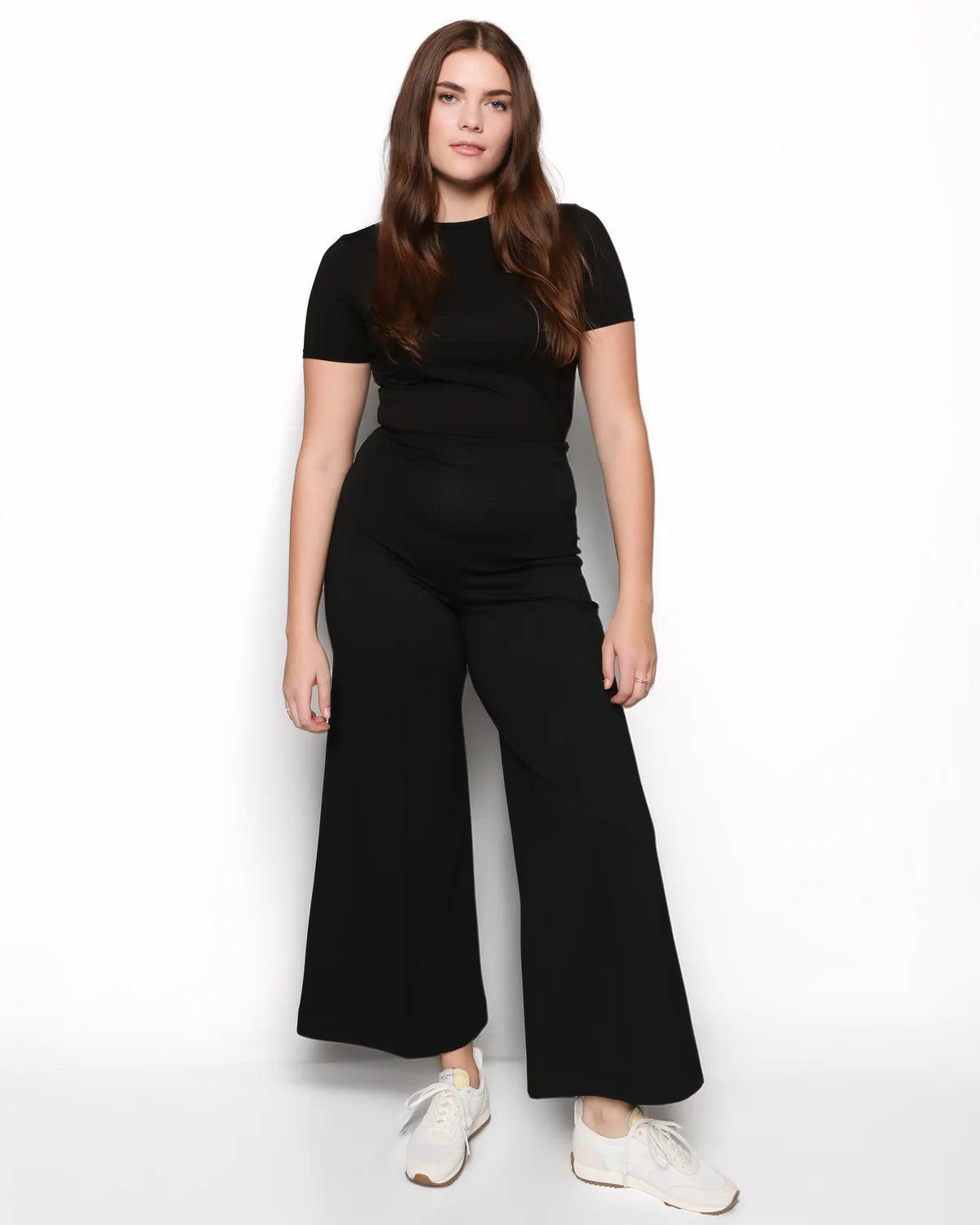 BLACK PONTE KNIT WIDE LEG PANT: CROPPED - Black