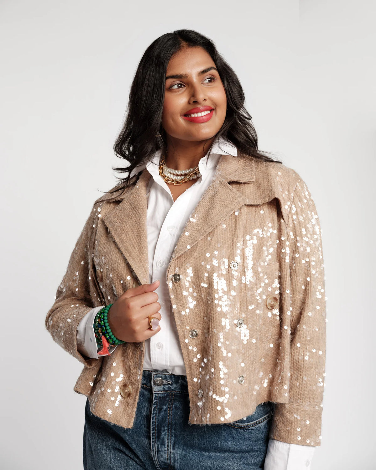 Sequin Moto Jacket - Oyster