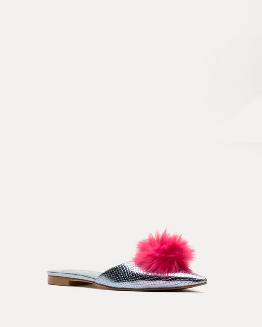 Pauline Pom Pom Flat - Light Blue w/ Red