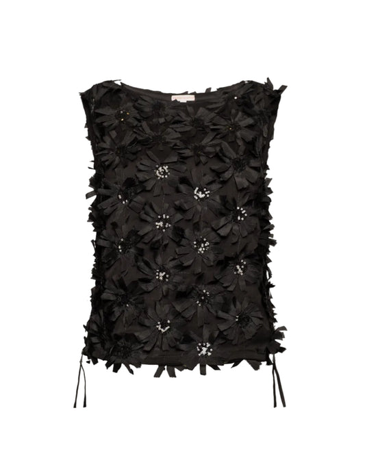 Cheree Daisy Applique Shell - Black