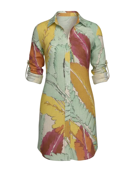 Palm Leaf Mini Dress - Pink/Yellow