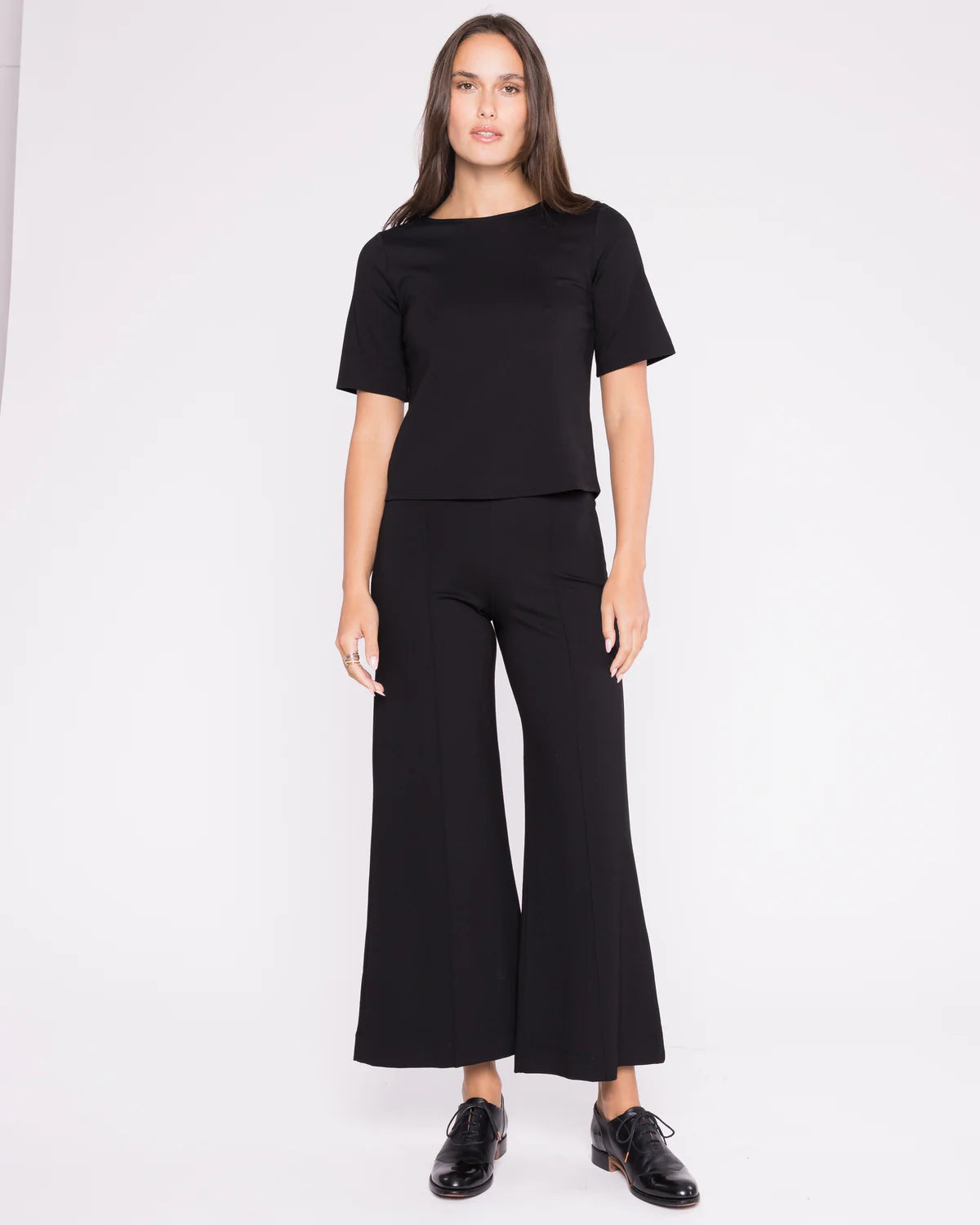 BLACK PONTE KNIT WIDE LEG PANT: CROPPED - Black