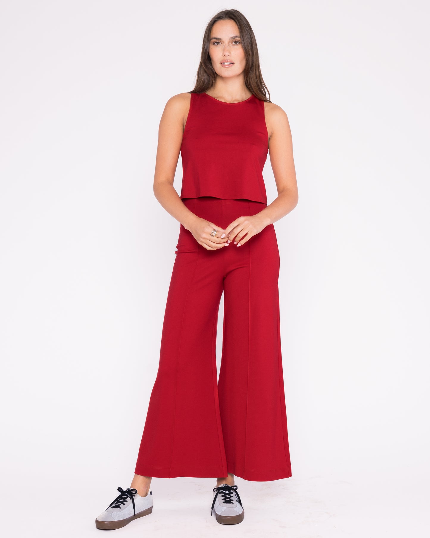Ponte Knit Wide Leg Pant: Cropped - Red