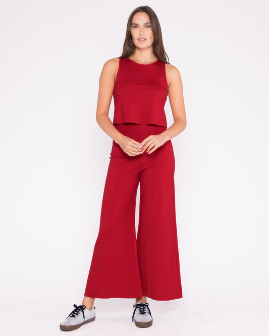 Ponte Knit Wide Leg Pant: Cropped - Red
