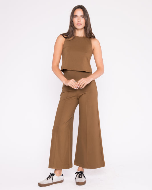 Ponte Knit Wide Leg Pant: Cropped - Camel
