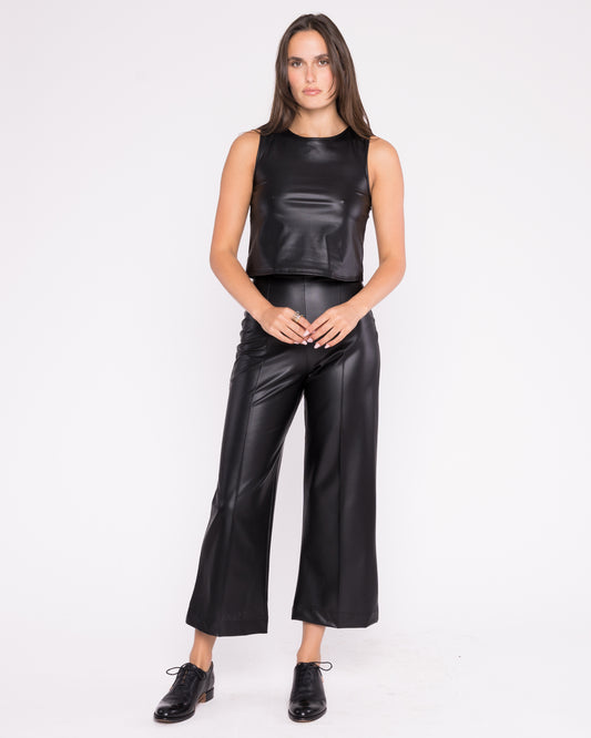 Vegan Leather Straight Leg Pant: Cropped - Black