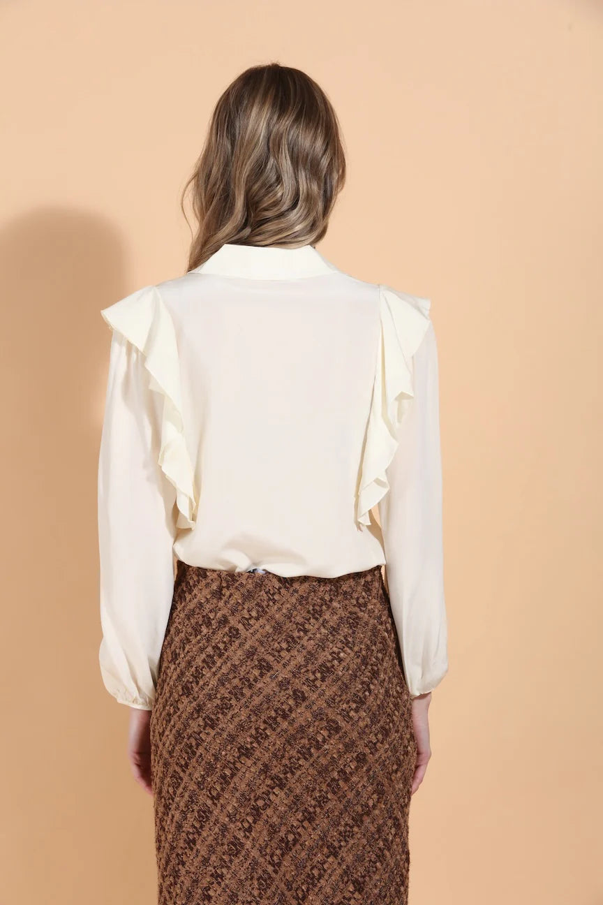 Puff Sleeve Silk Blouse with Ruffle Details - Ivory