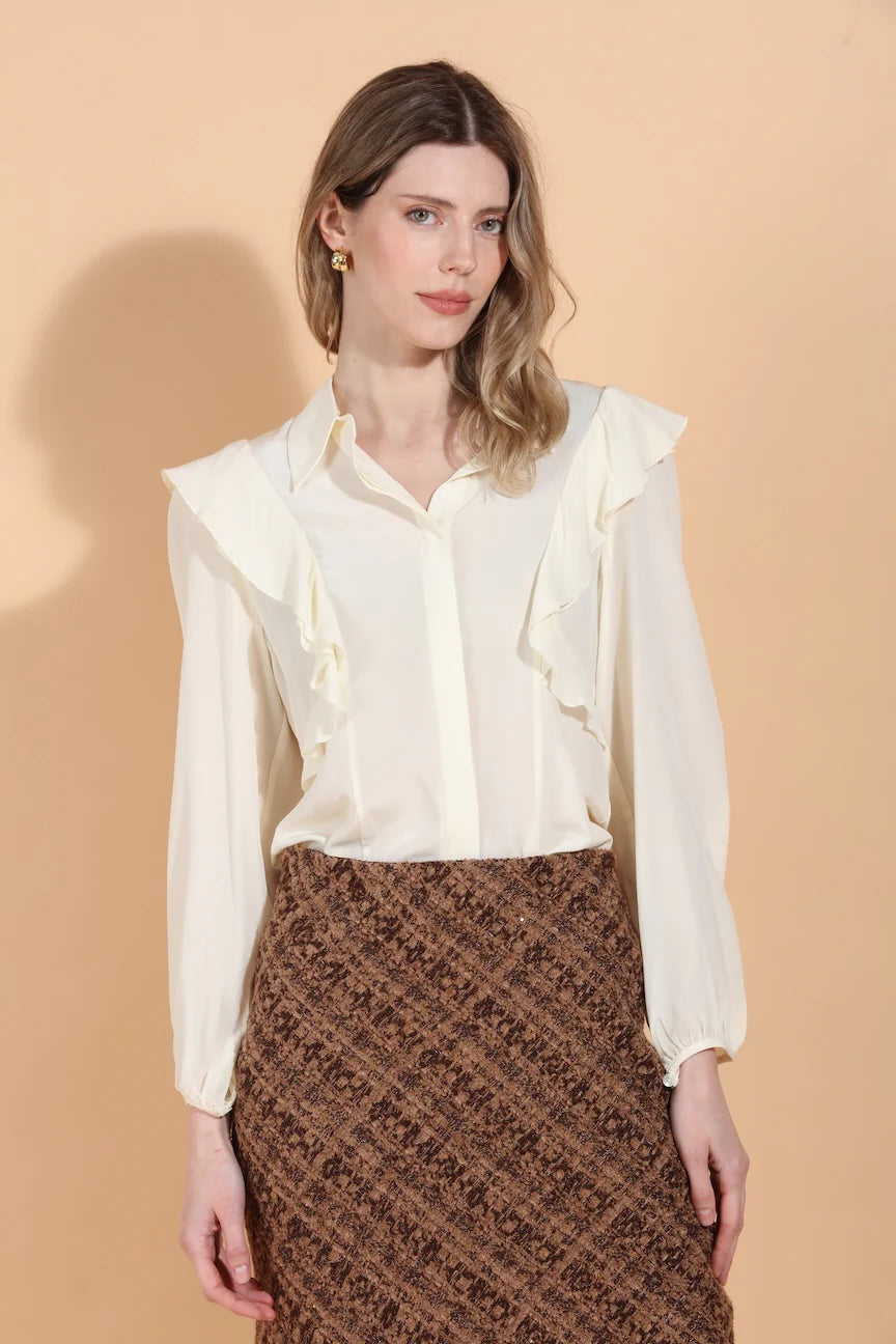Puff Sleeve Silk Blouse with Ruffle Details - Ivory