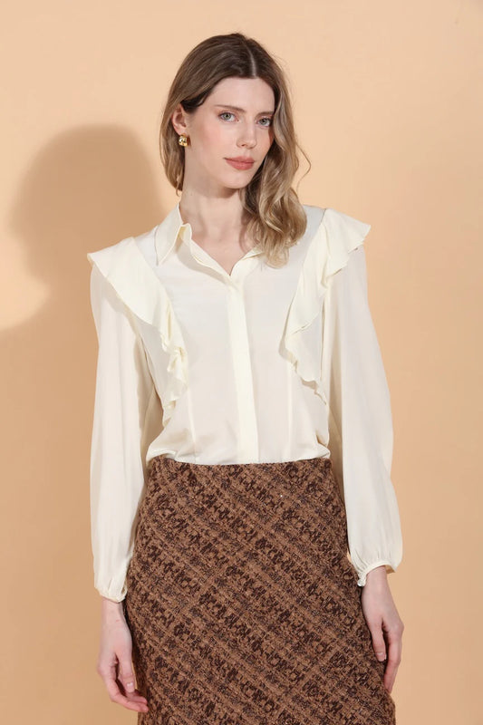 Puff Sleeve Silk Blouse with Ruffle Details - Ivory
