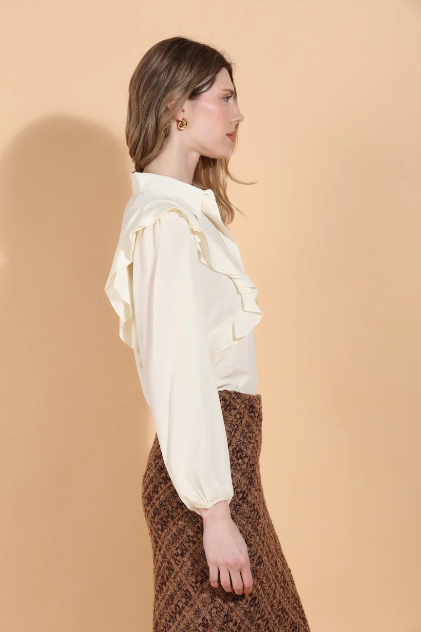 Puff Sleeve Silk Blouse with Ruffle Details - Ivory