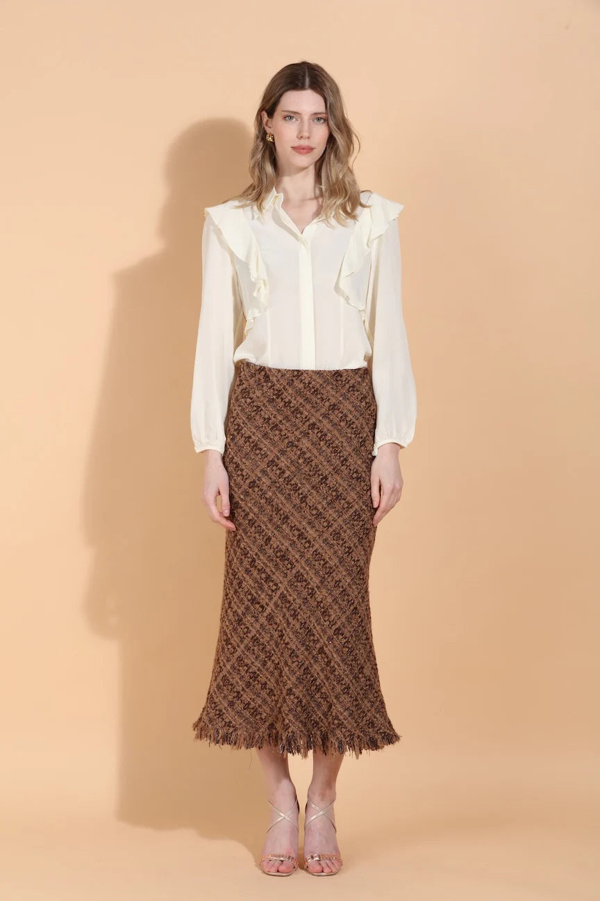 Tweed Trumpet Skirt with Raw Hem - Camel
