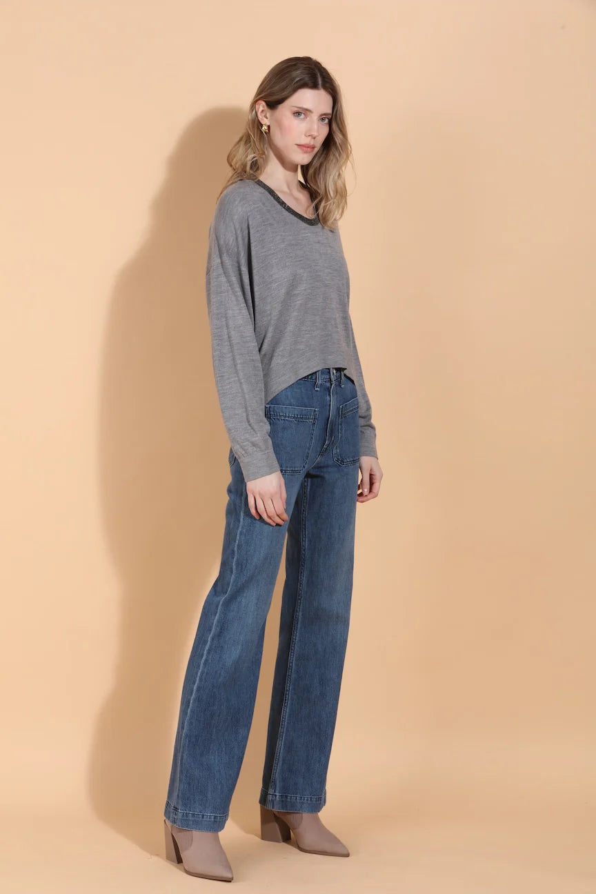 Silk Merino Wool Sweater with Rhinestone Trim - Grey