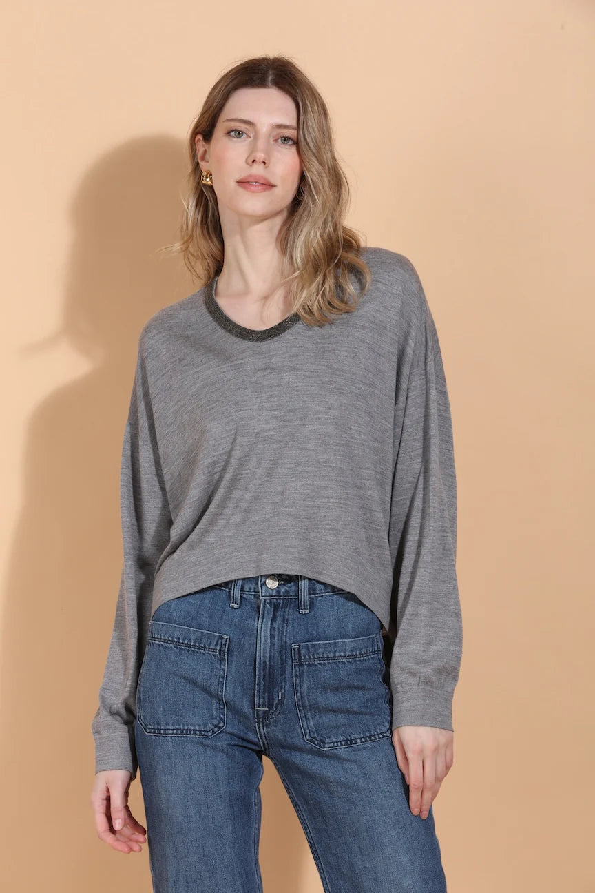 Silk Merino Wool Sweater with Rhinestone Trim - Grey